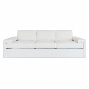 The Denby Sofa in Nit Witty Sea Salt by Hickory Chair features a modern, three-seat geometric design with straight armrests and light beige upholstery inspired by European luxury, shown against a plain white background.