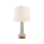 The Luisa Large Table Lamp by Visual Comfort showcases a white ceramic base with gold accents and a white fabric shade, elegantly shown against a plain background.