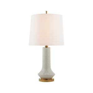 The Luisa Large Table Lamp by Visual Comfort showcases a white ceramic base with gold accents and a white fabric shade, elegantly shown against a plain background.