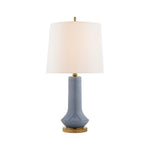 The Luisa Large Table Lamp by Visual Comfort features a glossy blue ceramic base, gold accents, and a white fabric lampshade.