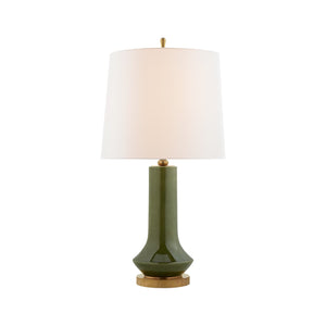 The Luisa Large Table Lamp by Visual Comfort features a green ceramic base, gold accent, and white fabric shade—ideal for adding stylish ambient lighting to any room.