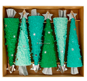 The Meri Meri Christmas Tree Cracker Set features six green crackers with silver stars and bases, standing upright in a brown box—ideal festive party favors to bring sparkle to your celebrations.