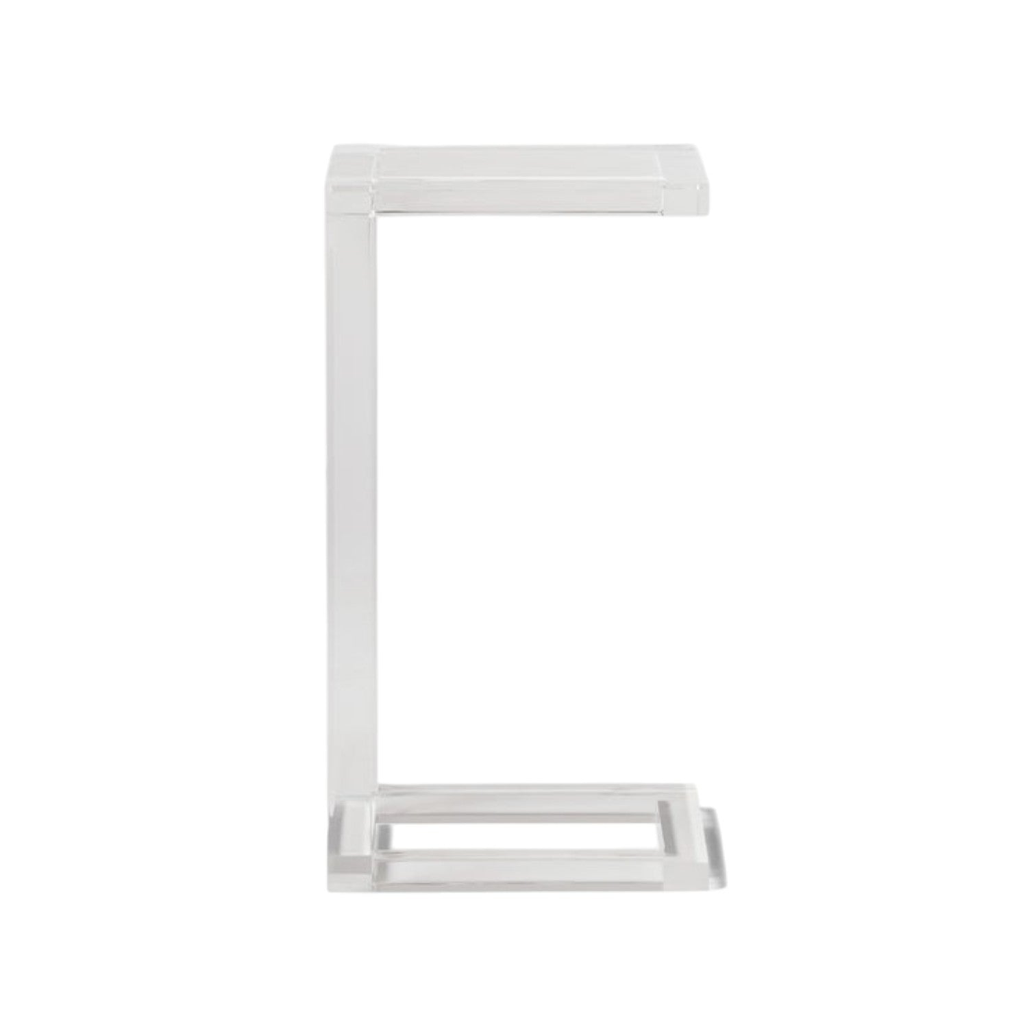 The Clark Acrylic Accent Table by Made Goods features a clear C-shaped design, adding minimalist modern style to any room. Perfect as a decorative accent, it complements spaces from West Palm Beach and beyond. Photographed on a white background.