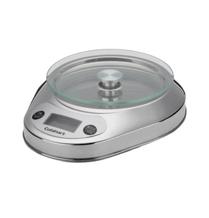 The Cuisinart PrecisionChef Bowl Digital Kitchen Scale offers a glass weighing platform, clear digital display, and front "on/off" and "mode/tare" buttons for easy use.