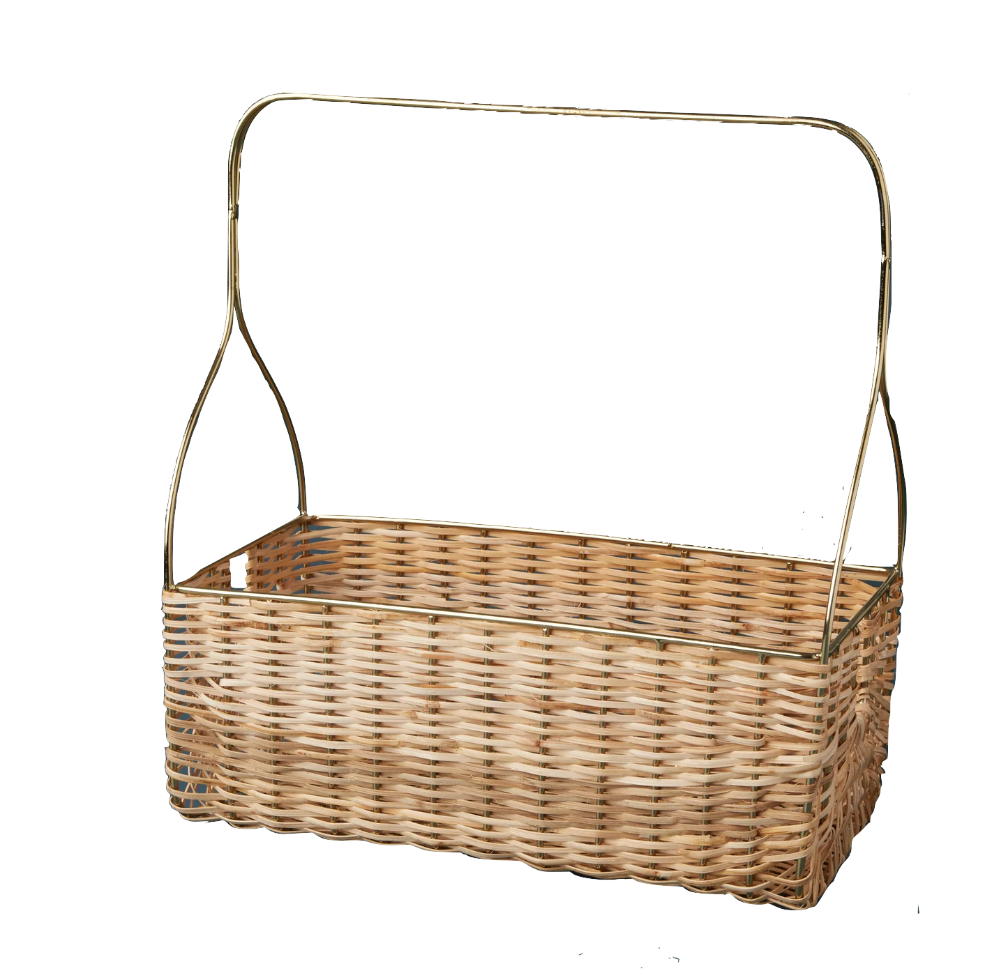 The Rowan Basket Collection by Be Home features rectangular woven cane baskets, handcrafted in India from sustainable natural materials with a metal handle, shown against a plain white background.