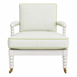 Front view of the Hickory Chair Spool Chair, showcasing green and white upholstery with green trim and rounded legs on brass casters.
