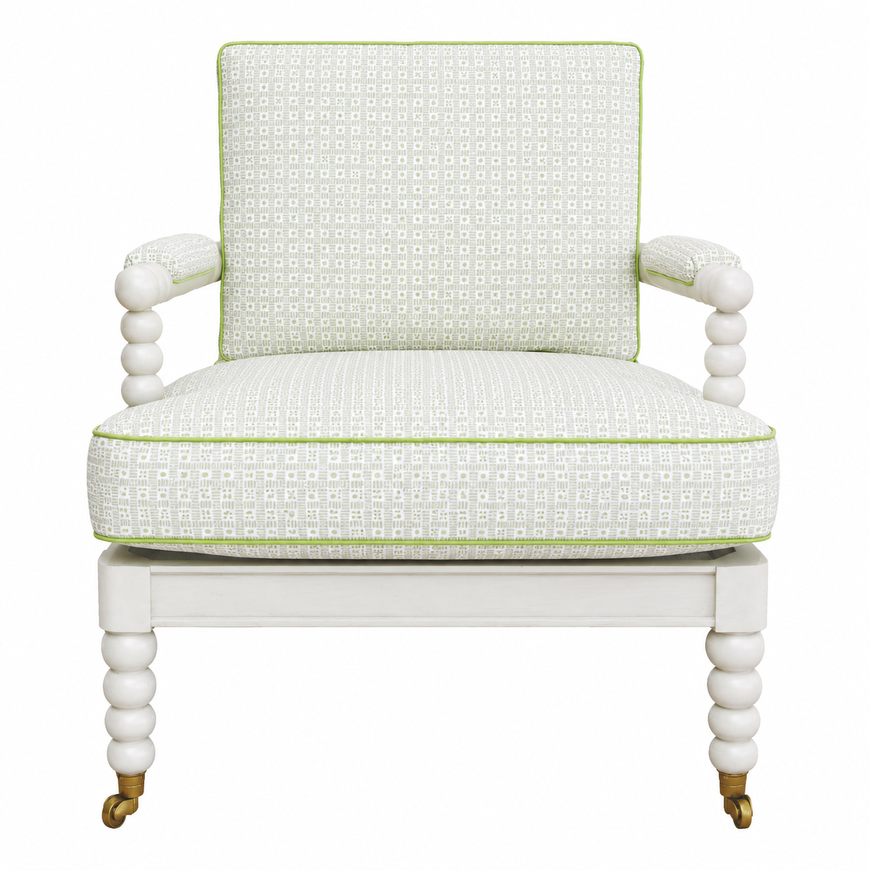 Front view of the Hickory Chair Spool Chair, showcasing green and white upholstery with green trim and rounded legs on brass casters.