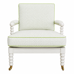 Front view of the Hickory Chair Spool Chair, showcasing green and white upholstery with green trim and rounded legs on brass casters.