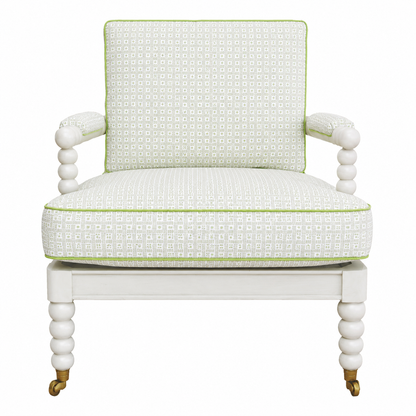 Front view of the Hickory Chair Spool Chair, showcasing green and white upholstery with green trim and rounded legs on brass casters.