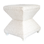 The Serge Ottoman by Hickory Chair features a modern hourglass silhouette, upholstered in textured off-white fabric and supported by four short, square-carved maple feet—a refined nod to the French Modernist ottoman tradition.