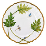From the Elegant Foliage Dinner Plate Collection by Anna Weatherley, this decorative porcelain plate features hand-painted green leaves, a butterfly, dragonfly, snail, ant, and a gold rim on a white background.