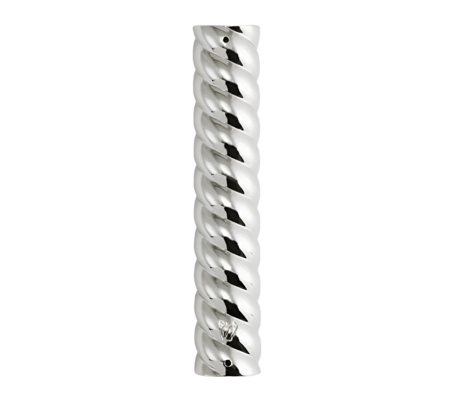 The Twist Mezuzah, Silver by Michael Aram is a cylindrical, twisted silver metal piece from the Twist Collection, featuring classical symmetry and a shiny surface, displayed against a white background.