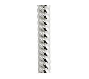 The Twist Mezuzah, Silver by Michael Aram is a cylindrical, twisted silver metal piece from the Twist Collection, featuring classical symmetry and a shiny surface, displayed against a white background.