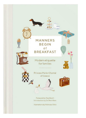 Book cover of "Manners Begin at Breakfast" by Vendome, an etiquette book with charming illustrations of a clock, suitcase, and teapot.