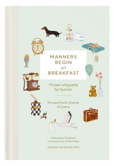 Book cover of "Manners Begin at Breakfast" by Vendome, an etiquette book with charming illustrations of a clock, suitcase, and teapot.