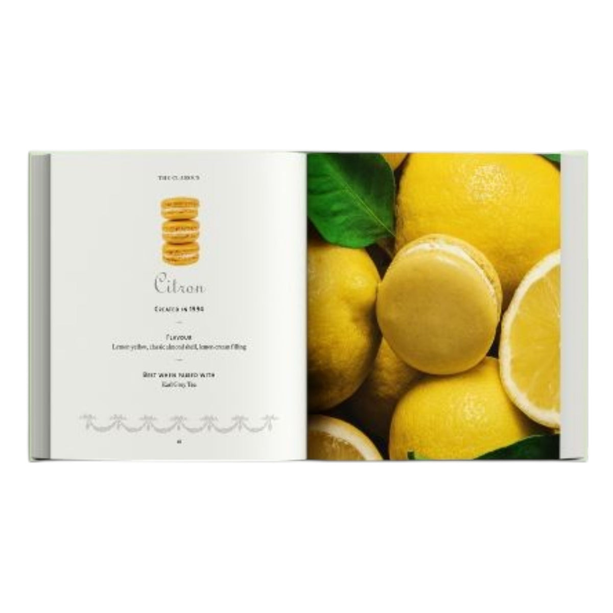 An open book from Simon & Schuster showcases a lemon macaron recipe on the left page, while the right page features a close-up image of fresh lemons alongside Ladurée Macarons, emphasizing their vibrant yellow shells and flavorful ganache filling.