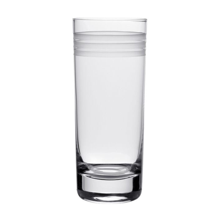 The Madison Drinkware Collection by William Yeoward Crystal features a clear glass with frosted stripes, filled with water and standing upright against a plain white background.