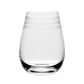 A clear glass tumbler from the Madison Drinkware Collection by William Yeoward Crystal features a rounded shape with three horizontal frosted stripes near the rim, reflecting Jazz Age elegance against a plain white background.