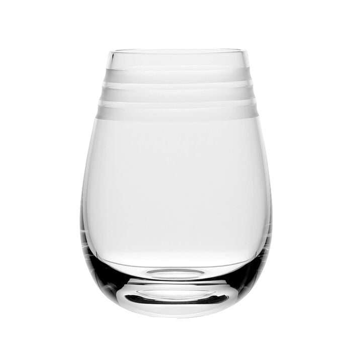 A clear glass tumbler from the Madison Drinkware Collection by William Yeoward Crystal features a rounded shape with three horizontal frosted stripes near the rim, reflecting Jazz Age elegance against a plain white background.
