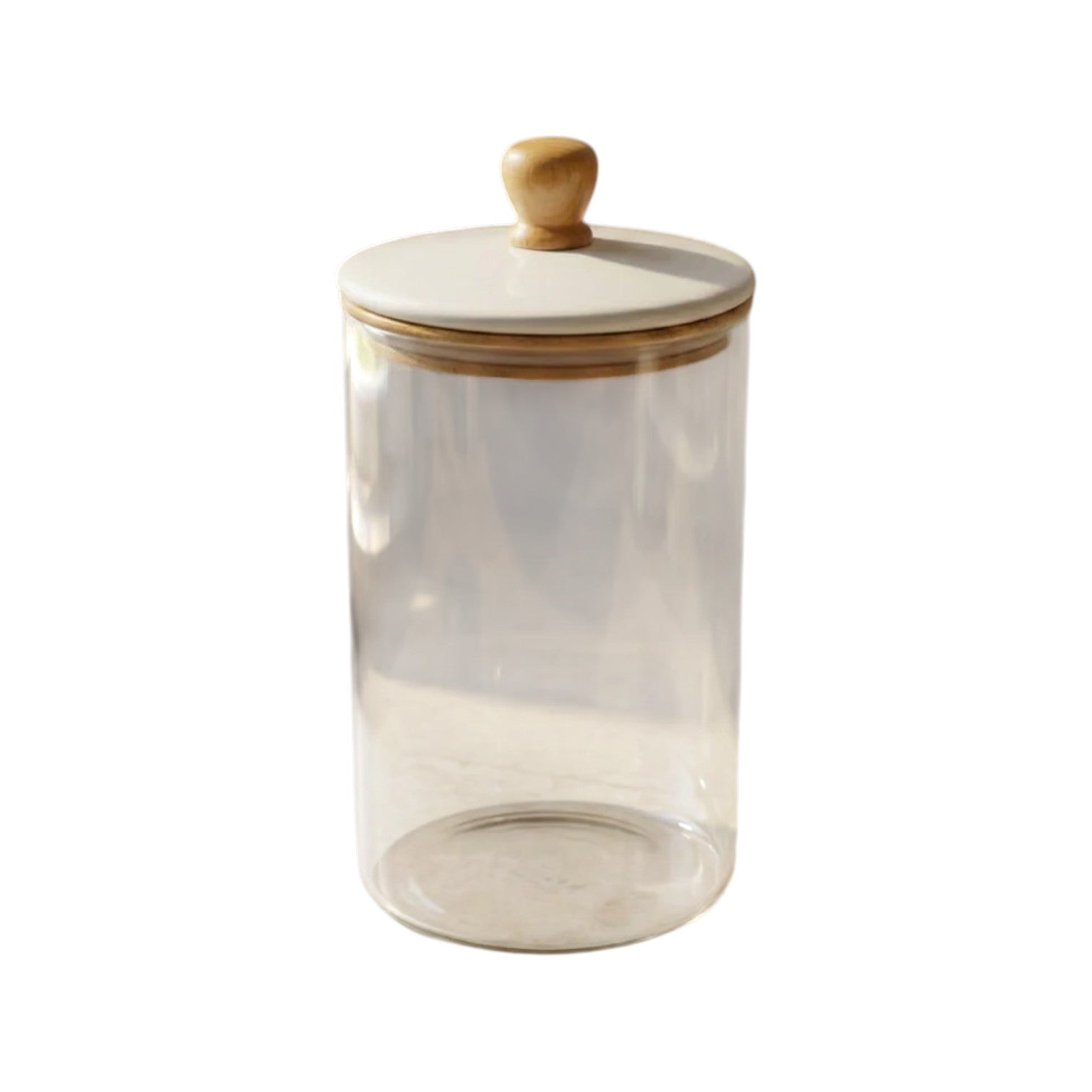 The Be Home Madras Canister is a clear glass jar with a wooden lid and knob, ideal for kitchen storage or pantry organization, shown against a plain white background.