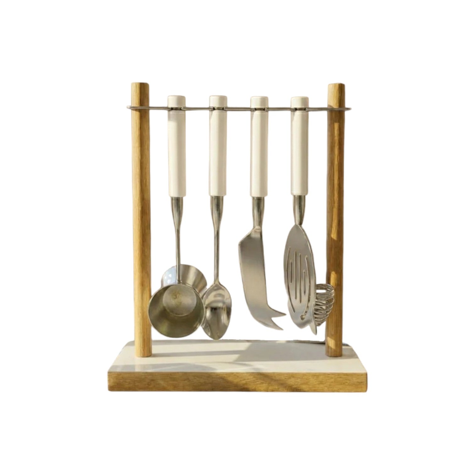 The Be Home Madras Bar Tool Set includes four stainless steel tools with white handles on a wooden and metal stand, ideal for home bartending, shown against a white background.