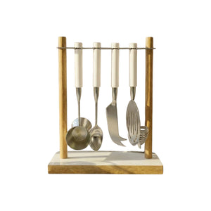 The Be Home Madras Bar Tool Set includes four stainless steel tools with white handles on a wooden and metal stand, ideal for home bartending, shown against a white background.