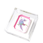 A clear square Mahjong Acrylic Cocktail Napkin Holder by Tara Wilson Designs displays a card featuring a colorful bird illustration labeled with the number one and accented by a small leaf in the corner.