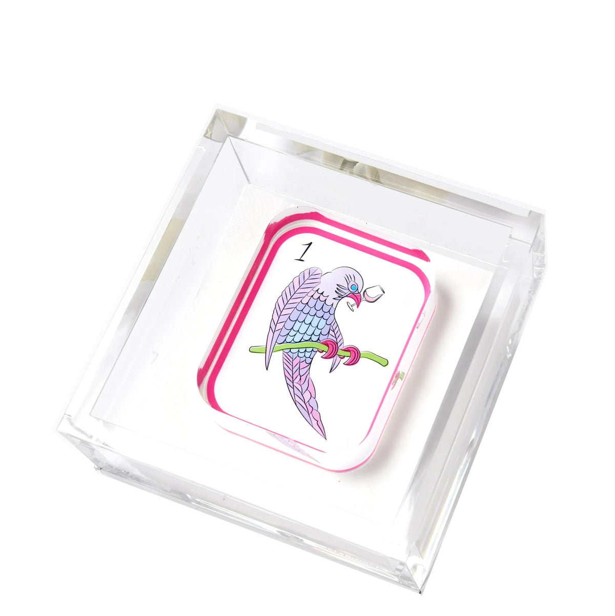 A clear square Mahjong Acrylic Cocktail Napkin Holder by Tara Wilson Designs displays a card featuring a colorful bird illustration labeled with the number one and accented by a small leaf in the corner.
