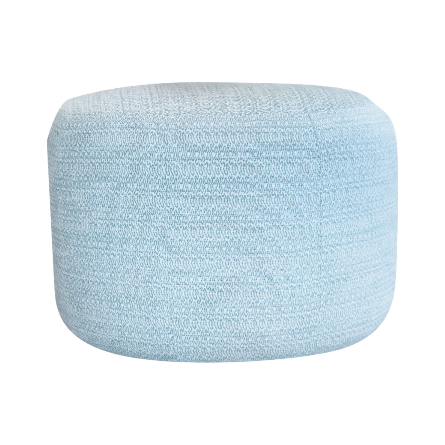 The Maisie Ottoman by Hickory Chair features a light blue, round silhouette upholstered in textured fabric, shown against a white background—ideal as extra seating or a chic alternative to a cocktail table.
