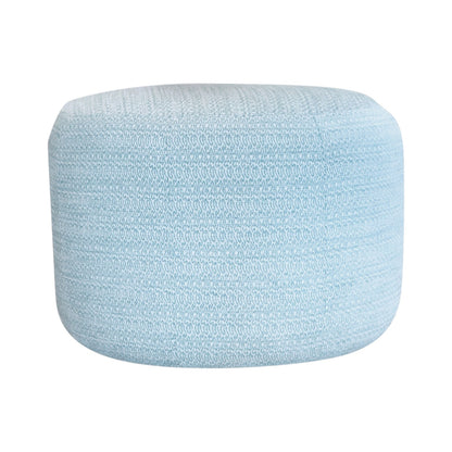 The Maisie Ottoman by Hickory Chair features a light blue, round silhouette upholstered in textured fabric, shown against a white background—ideal as extra seating or a chic alternative to a cocktail table.