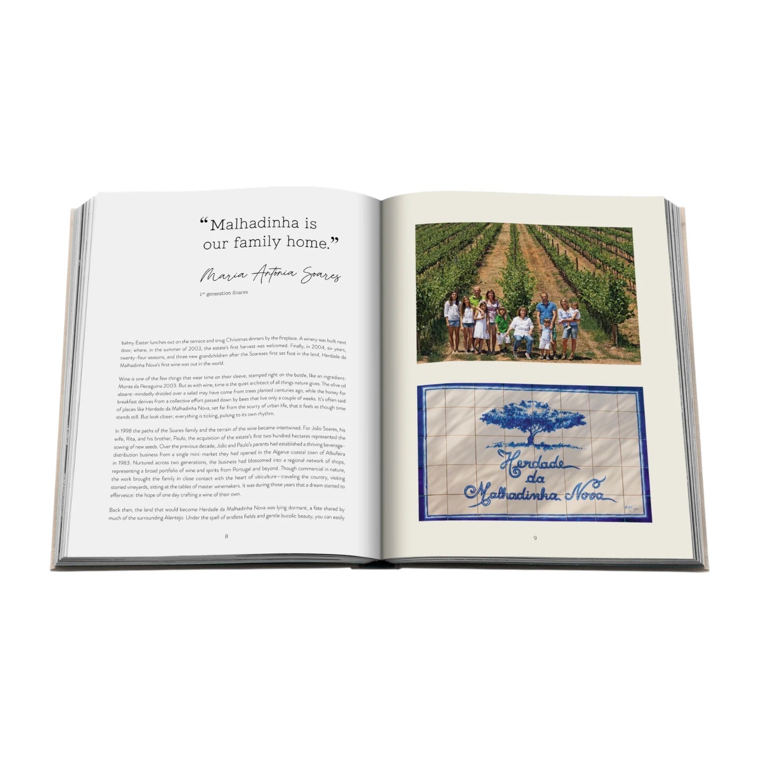An open book, "Malhadinha, The Soul of Alentejo" by Assouline, features quotes, vineyard photos, and decorative tile images that capture the unique charm of wine experiences at a family-owned Alentejo hotel.