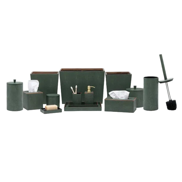 The Manchester Bath Collection by Pigeon & Poodle features coordinated dark green bath accessories with a shagreen texture—including trash bin, tissue box, soap dispenser, toothbrush holder, soap dish, canisters, and toilet brush—displayed on white.
