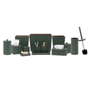 The Manchester Bath Collection by Pigeon & Poodle features coordinated dark green bath accessories with a shagreen texture—including trash bin, tissue box, soap dispenser, toothbrush holder, soap dish, canisters, and toilet brush—displayed on white.