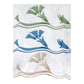 Introducing the Marcella Napkin Set by Matouk, crafted from crisp white Valentina linen and adorned with three wavy embroidered lines featuring stylized floral motifs in green, blue, and beige, all finished with a delicate scalloped edge.