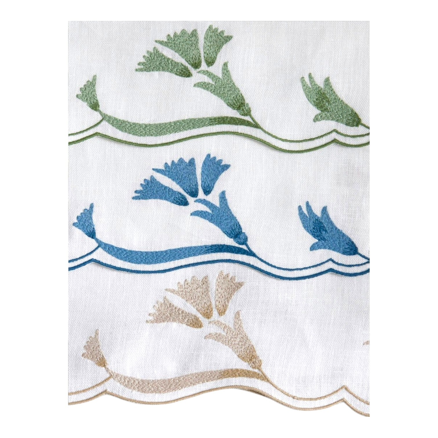 Introducing the Marcella Napkin Set by Matouk, crafted from crisp white Valentina linen and adorned with three wavy embroidered lines featuring stylized floral motifs in green, blue, and beige, all finished with a delicate scalloped edge.