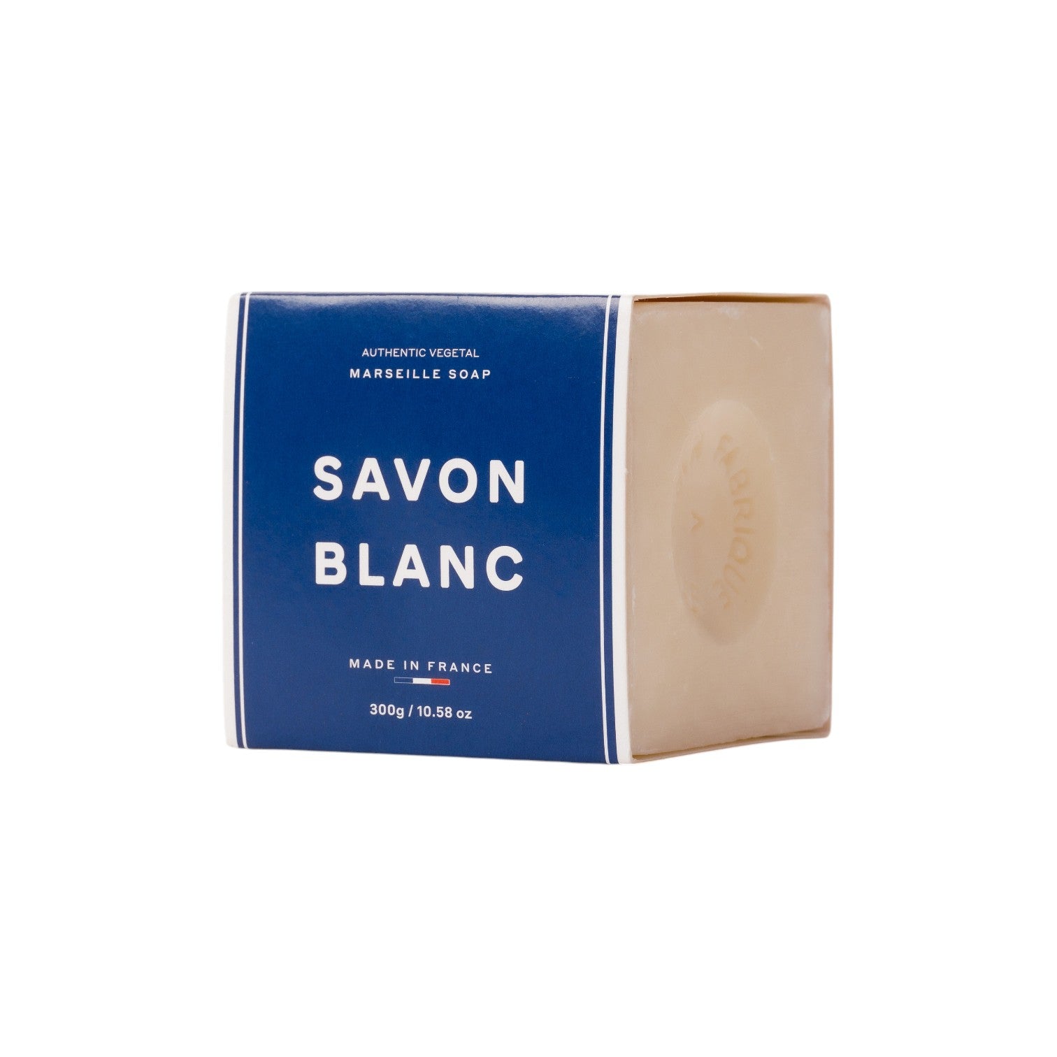 A 300g rectangular bar from the Savon Blanc Soap Collection, by Savon Blanc, comes in blue packaging and features a "Made in France" label—showcasing French quality and elegance.