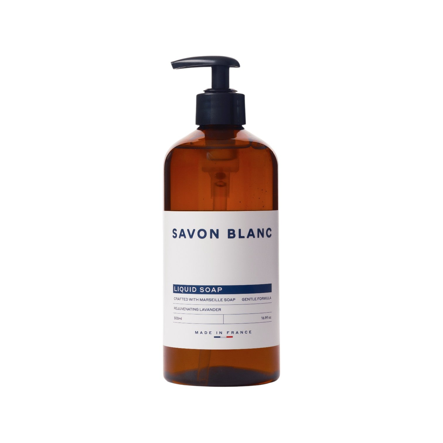 A brown pump bottle from the Savon Blanc Soap Collection exudes French elegance with Marseille soap, calming lavender fragrance, 500ml size, and is crafted in France.