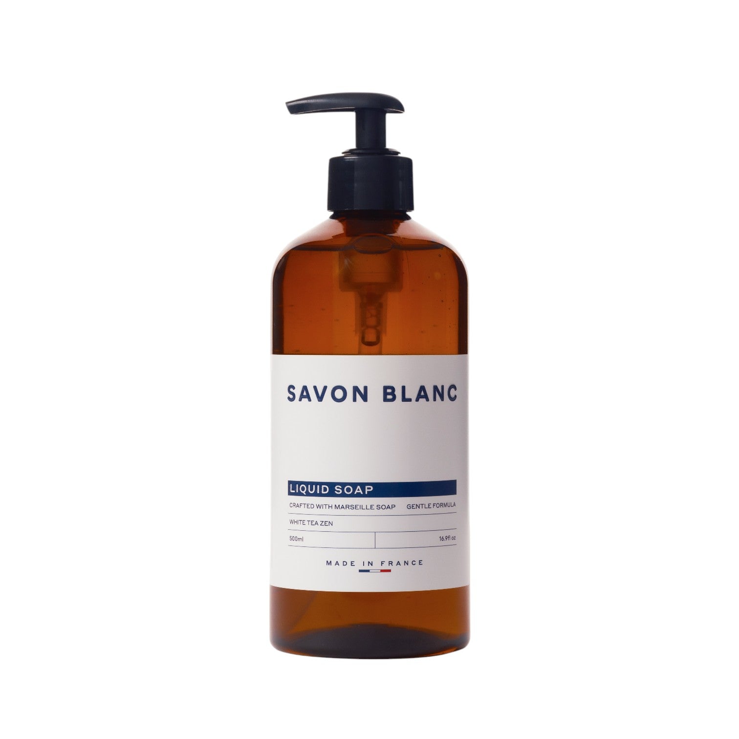 A brown pump bottle from the Savon Blanc Soap Collection by Savon Blanc holds 500ml of soap and blends French sophistication with natural beauty in every wash.