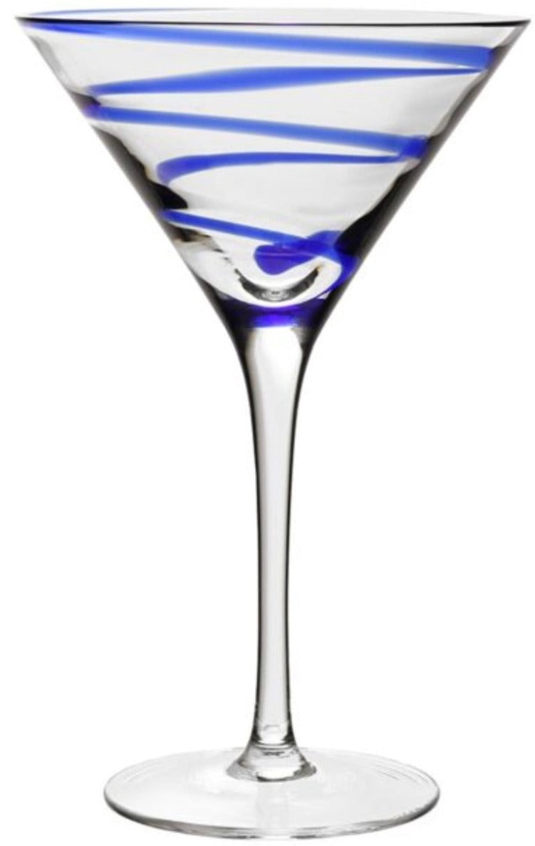 The Bella Blue Collection martini glass by William Yeoward Crystal features a clear bowl accented with a blue swirl, displayed on a plain white background.