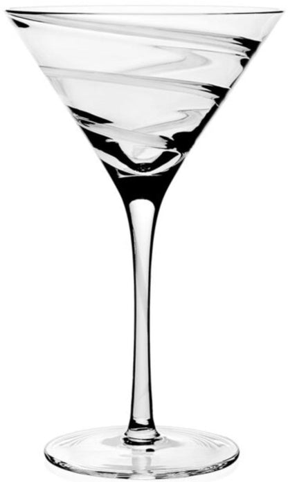 The Bella Bianca Collection martini glass by William Yeoward Crystal features a clear, conical bowl with an elegant white spiral on a long stem, shown against a white background. In California, it may be subject to Proposition 65 warning requirements.