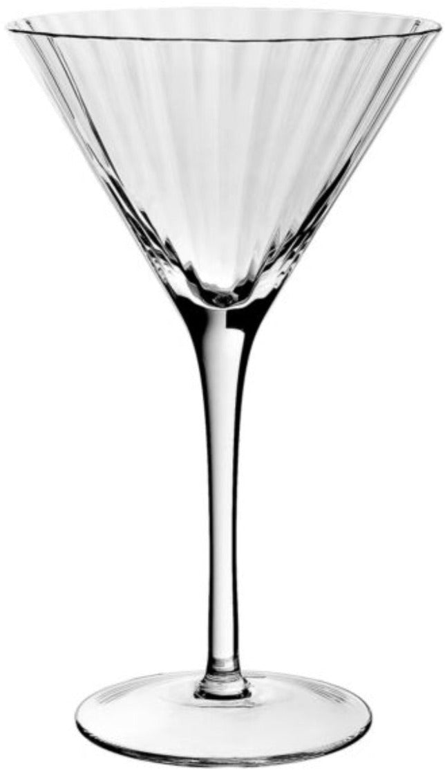 The Corinne Collection martini glass by William Yeoward Crystal features a long stem, wide conical bowl, and elegant vertical optic lines, displayed empty against a plain white background.