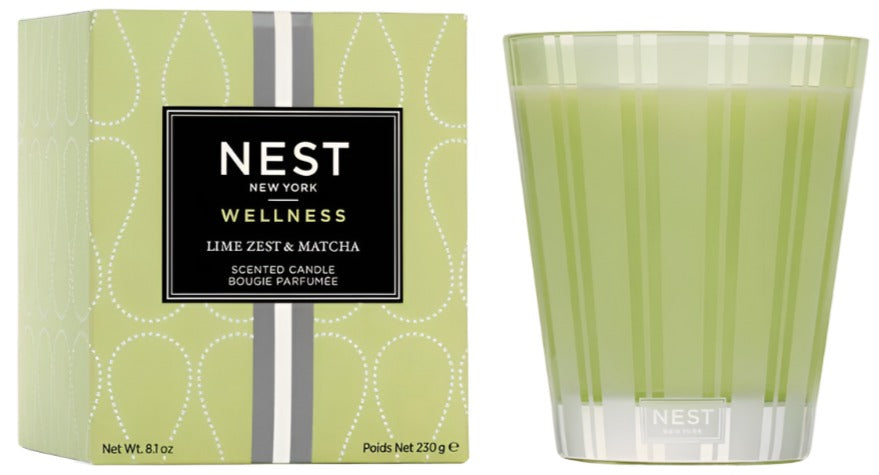 The Nest Lime Zest & Matcha Candle Collection features a scented candle in a green glass jar with its box, delivering invigorating notes for an uplifting energy boost.