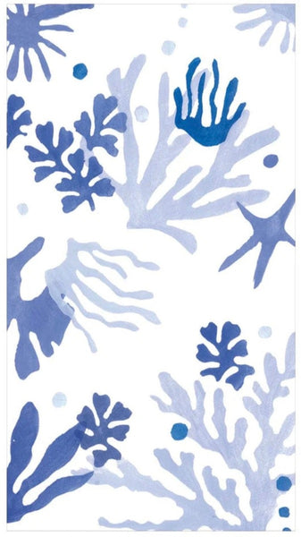 Illustration featuring various blue and purple coral shapes and sea plants on a white background, perfect for Caspari Matisse Blue Guest Towels by Caspari.