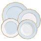 Four scalloped-edge porcelain plates from the Raynaud Mazurka Or Fond Bleu Gris Dinnerware Collection, featuring light blue and white surfaces with gold trim, are arranged overlapping each other.