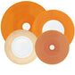 Four porcelain plates from Raynaud’s Tresor Orange Dinnerware Collection, featuring orange and gold geometric patterns—two with solid centers and two with white—are arranged overlapping on a white background. Each is meticulously hand painted.