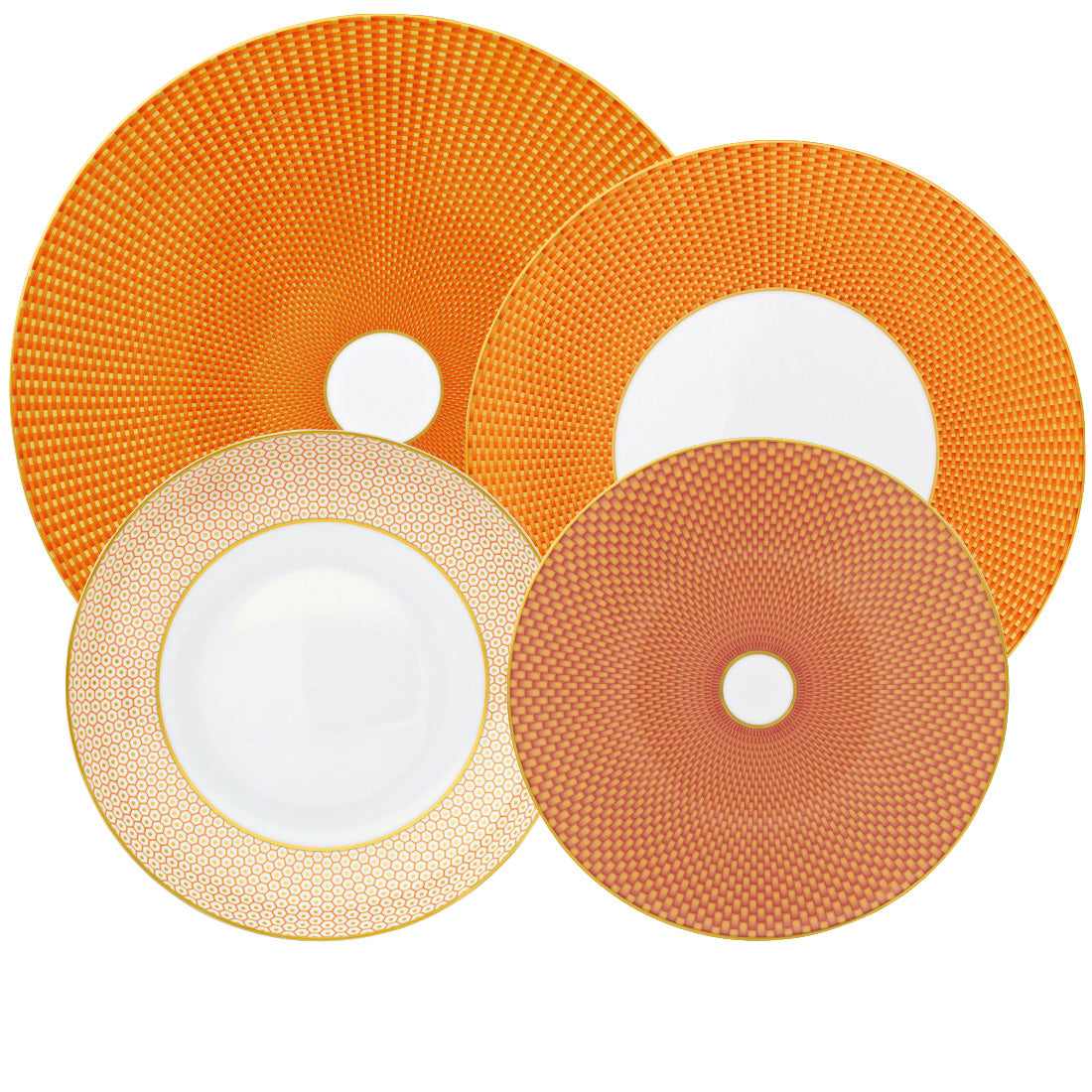 Four porcelain plates from Raynaud’s Tresor Orange Dinnerware Collection, featuring orange and gold geometric patterns—two with solid centers and two with white—are arranged overlapping on a white background. Each is meticulously hand painted.