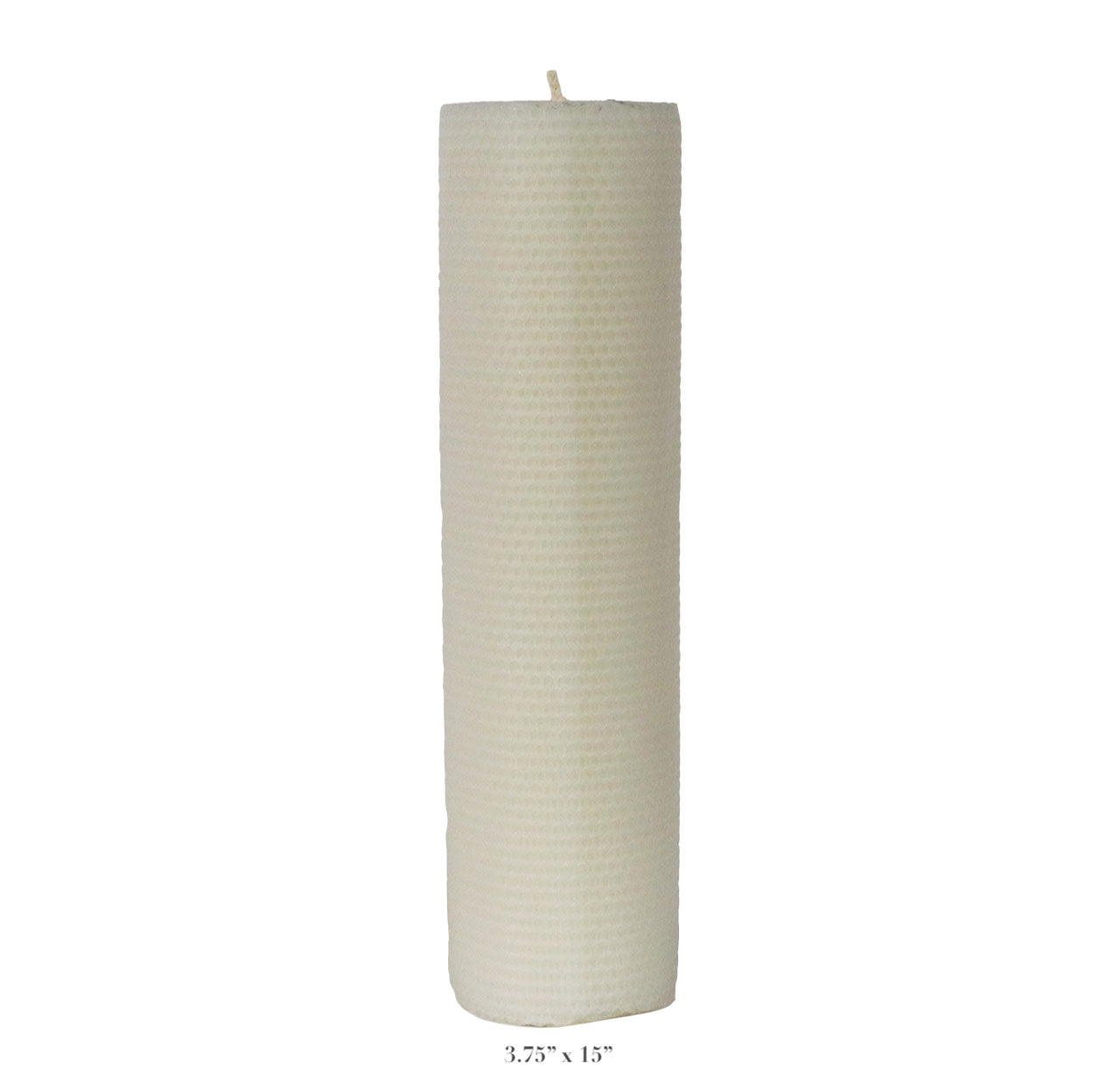 The Perin Mowen Connoisseur Pillar Candle Collection features a tall, cylindrical white candle with a textured surface, measuring 3.75" in diameter and 15" high—an elegant natural centerpiece for any setting.