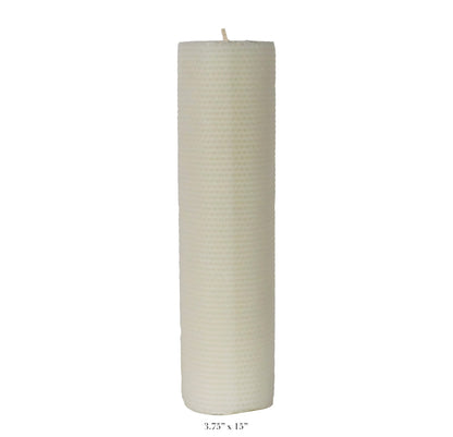 The Perin Mowen Connoisseur Pillar Candle Collection features a tall, cylindrical white candle with a textured surface, measuring 3.75" in diameter and 15" high—an elegant natural centerpiece for any setting.