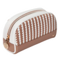 The Stephanie Johnson Marbella Mocha Travel Collection mini pouch features a chic white and beige woven pattern, a gold zipper, and a round gold logo charm—perfect for storing your essentials as a stylish makeup bag or travel case.