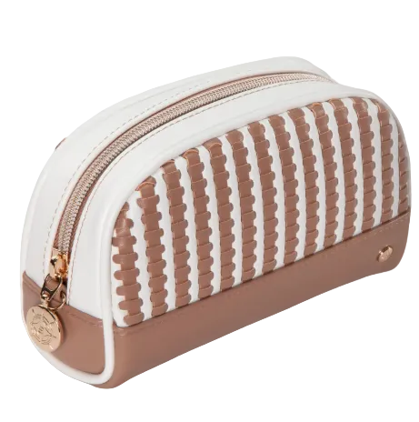 The Stephanie Johnson Marbella Mocha Travel Collection mini pouch features a chic white and beige woven pattern, a gold zipper, and a round gold logo charm—perfect for storing your essentials as a stylish makeup bag or travel case.